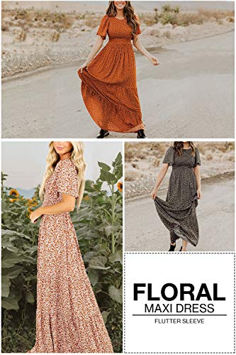 Women's Summer Dresses 2023 Round Neck Flutter Short Sleeve Casual Flowy Smocked Floral Maxi Long Dress Caramel L