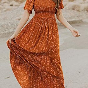 Women's Summer Dresses 2023 Round Neck Flutter Short Sleeve Casual Flowy Smocked Floral Maxi Long Dress Caramel L