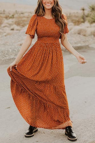 Women's Summer Dresses 2023 Round Neck Flutter Short Sleeve Casual Flowy Smocked Floral Maxi Long Dress Caramel L