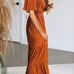 Women's Summer Dresses 2023 Round Neck Flutter Short Sleeve Casual Flowy Smocked Floral Maxi Long Dress Caramel L