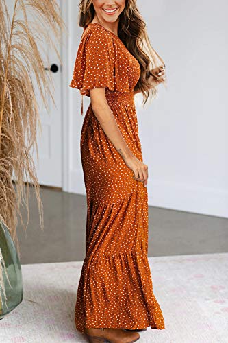 Women's Summer Dresses 2023 Round Neck Flutter Short Sleeve Casual Flowy Smocked Floral Maxi Long Dress Caramel L