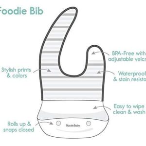 Bazzle Baby Silicone Bib for Baby with Food Catcher - Waterproof Roll Up and Button Feeding Bib for Toddler Eating 2-Pk