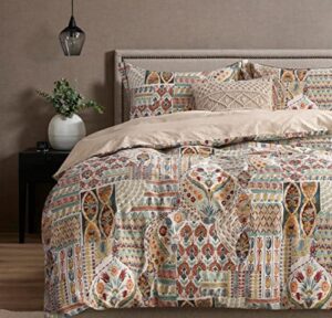 sleepbella duvet cover queen size, 600 thread count cotton beige & dark red printed with luxurious botanical pattern boho comforter cover sets, bedding set 3pcs (queen, beige-bohemian)