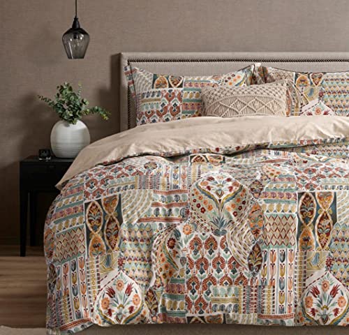 SLEEPBELLA Duvet Cover Queen Size, 600 Thread Count Cotton Beige & Dark Red Printed with Luxurious Botanical Pattern Boho Comforter Cover Sets, Bedding Set 3Pcs (Queen, Beige-Bohemian)