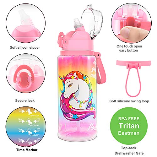 Home Tune 23oz Kids Water Drinking Bottle - Tritan BPA Free, Wide Mouth, Auto Flip Cap, Secure Lock, Easy Open, Lightweight, Leak-Proof Time Marker Water Bottle For Girls & Boys - Mermaid