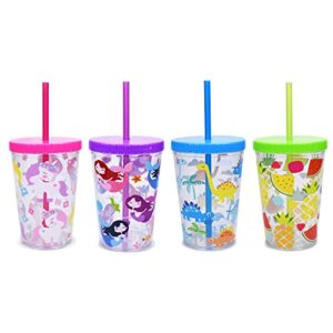 home tune 16oz kids tumbler water drinking cup 4 pack - bpa free, straw lid cup, reusable, lightweight, spill-proof water bottle with cute design for girls & boys - unicorn, mermaid, dinosaur, fruit