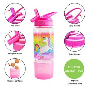 Home Tune 18oz Kids Water Drinking Sip Bottle - Tritan BPA Free, Flip Straw Lid, Easy Open, Lightweight, Snack Compartment, Leak-Proof Water Bottle with Cute Design For Girls & Boys - Unicorn