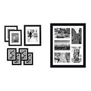 americanflat 7 pack gallery wall set | displays one 11x14, two 8x10, and four 5x7 inch photos. shatter-resistant glass. & 11x14 collage picture frame in black with five 4x6 picture displays