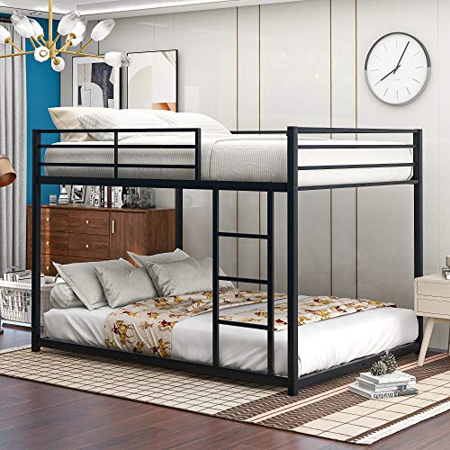 Merax Full Over Full Bunk Bed, Low Bunk Bed with Ladder,Sturdy Metal Frame Full Over Full bunk Bed with Safety Rails, Modern Style bunk beds for Bedroom, Dorm, Boys, Girls, Adults,Black