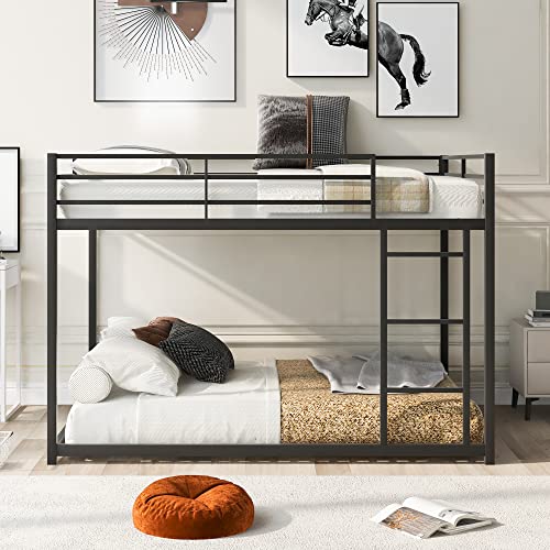 Merax Full Over Full Bunk Bed, Low Bunk Bed with Ladder,Sturdy Metal Frame Full Over Full bunk Bed with Safety Rails, Modern Style bunk beds for Bedroom, Dorm, Boys, Girls, Adults,Black