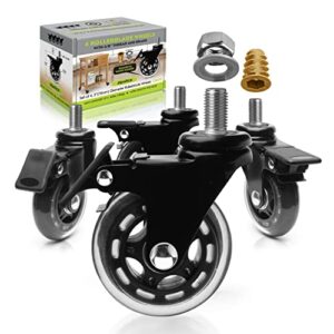 slipstick cb693 premium 3 inch rubber caster wheels with brake (4 pack) replacement rollerblade style swivel casters with 3/8”– 16x1” threaded stem, includes mounting hardware, black/clear castor