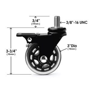 Slipstick CB693 Premium 3 Inch Rubber Caster Wheels with Brake (4 Pack) Replacement Rollerblade Style Swivel Casters with 3/8”– 16x1” Threaded Stem, Includes Mounting Hardware, Black/Clear Castor