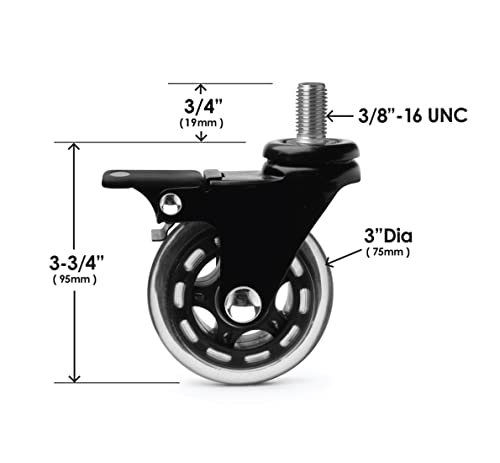 Slipstick CB693 Premium 3 Inch Rubber Caster Wheels with Brake (4 Pack) Replacement Rollerblade Style Swivel Casters with 3/8”– 16x1” Threaded Stem, Includes Mounting Hardware, Black/Clear Castor