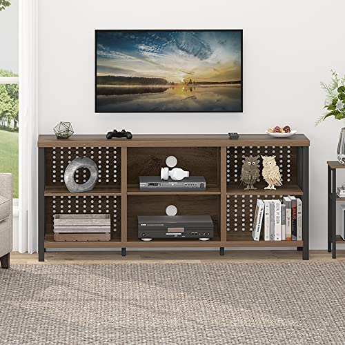 LVB Rustic Entertainment Center for 65 Inch TV, Industrial Wood and Metal TV Stand with Storage Shelf, Modern Television Media Console Table with Cabinet for Living Room Bedroom, Rustic Oak, 55 Inch