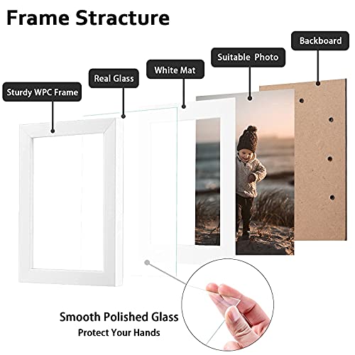 KINLINK 6x8 Picture Frame White, Photo Frame with Real Glass for Picture 4x6 with Mat or 6x8 without Mat, Composite Wood Picture Frame for Table Top and Wall Mounting