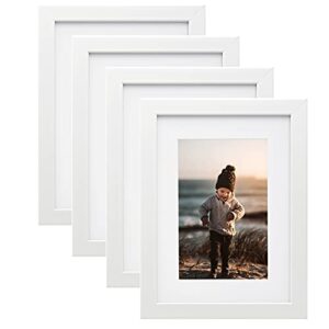 kinlink 6x8 picture frames white, photo frames with real glass for picture 4x6 with mat or 6x8 without mat, composite wood picture frames for table top and wall mounting, set of 4
