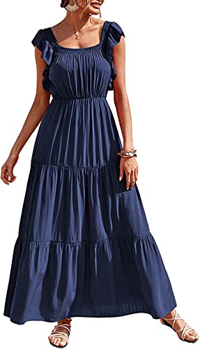 PRETTYGARDEN Women's Summer Bohemian Sleeveless Maxi Dress Square Neck Ruffle Flowy Long Sun Dress Wedding Guest Dress 2023 (Solid Navy, Medium)