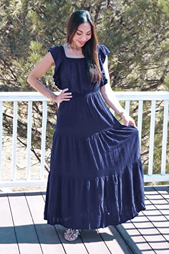 PRETTYGARDEN Women's Summer Bohemian Sleeveless Maxi Dress Square Neck Ruffle Flowy Long Sun Dress Wedding Guest Dress 2023 (Solid Navy, Medium)