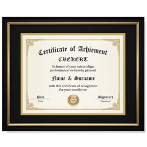 crekert diploma frame 11x14 picture frame solid wood shatter-resistant glass for documents certificate blackgold frame 8.5x11 with mat (black mat, 1 pack)
