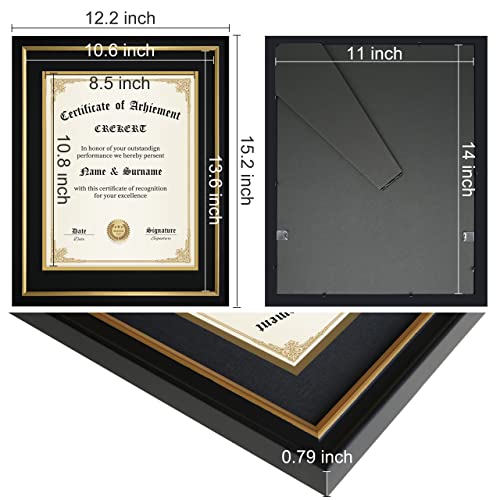 CREKERT Diploma Frame 11x14 Picture Frame Solid Wood Shatter-Resistant Glass for Documents Certificate Blackgold Frame 8.5x11 with Mat (Black Mat, 1 Pack)