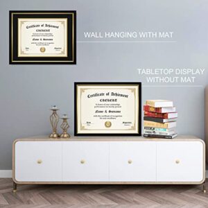 CREKERT Diploma Frame 11x14 Picture Frame Solid Wood Shatter-Resistant Glass for Documents Certificate Blackgold Frame 8.5x11 with Mat (Black Mat, 1 Pack)