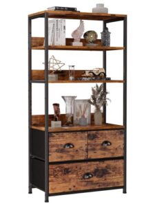 furologee tall storage shelf 4-tier,bookshelf rack with 3 fabric storage drawers, wood top for photos, display in bedroom,living room, office, kitchen