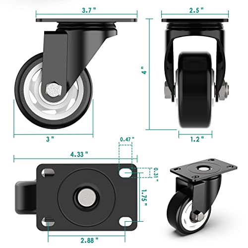 3 inch Swivel Caster Wheels, Heavy Duty Plate Casters with no Brakes Total Capacity 1000lbs (Pack of 4)