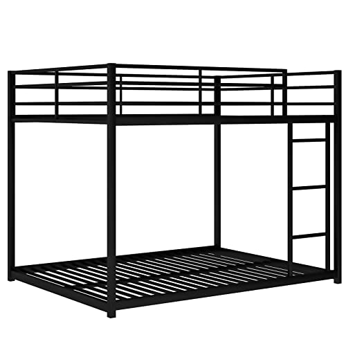 Full Over Full Metal Bunk Bed, Low Bunk Bed with Ladder for Kids Toddlers Teens, No Box Spring Needed， Black