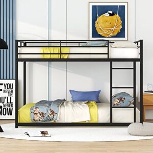 Full Over Full Metal Bunk Bed, Low Bunk Bed with Ladder for Kids Toddlers Teens, No Box Spring Needed， Black