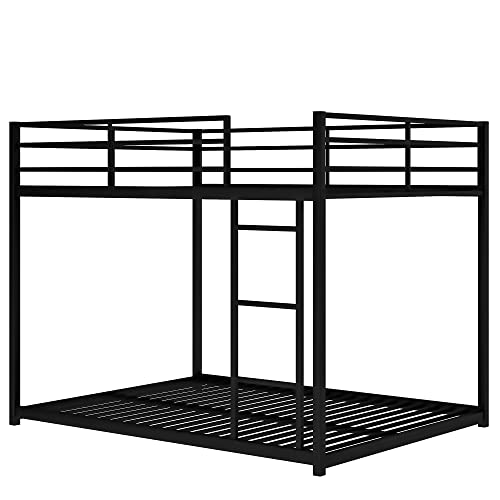 Metal Bunk Bed with Ladder, Full Over Full Low Bunk Bed with Safety Guard Rails for Kids Teens Adults No Box Spring Required, Black
