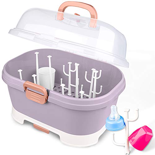 Portable Baby Bottle Drying Rack Storage Box Organizer with Anti-Dust Cover - Purple