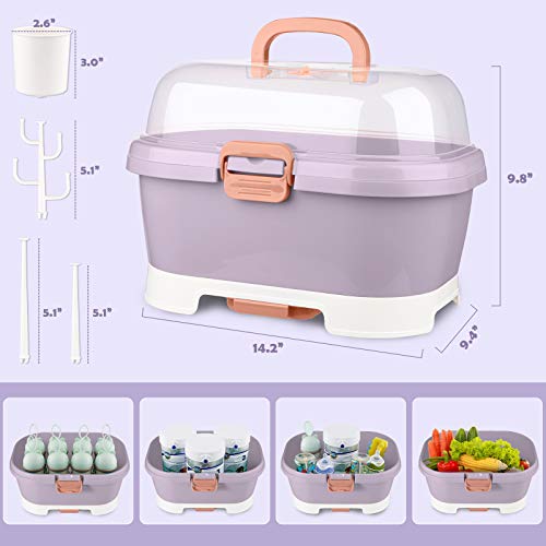 Portable Baby Bottle Drying Rack Storage Box Organizer with Anti-Dust Cover - Purple