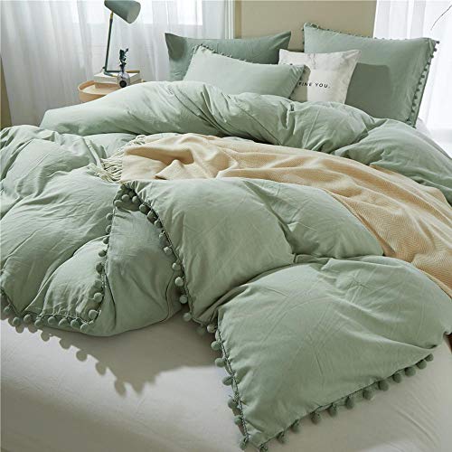 ETDIFFE Pom Pom Duvet Cover Queen Size - 3 Piece Boho Bohemian Farmhouse Microfiber Comforter Cover Set - Soft and Lightweight Quilt Cover, Solid Sage Green Pompom