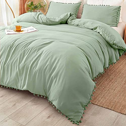 ETDIFFE Pom Pom Duvet Cover Queen Size - 3 Piece Boho Bohemian Farmhouse Microfiber Comforter Cover Set - Soft and Lightweight Quilt Cover, Solid Sage Green Pompom