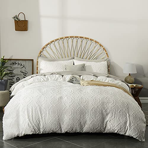 BEDAZZLED Duvet Cover Queen Size, 3 Pieces Tufted Comforter Cover Set, Soft and Embroidery Shabby Chic Boho Bedding Sets for All Seasons, White