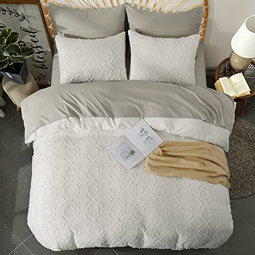 BEDAZZLED Duvet Cover Queen Size, 3 Pieces Tufted Comforter Cover Set, Soft and Embroidery Shabby Chic Boho Bedding Sets for All Seasons, White