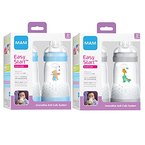 MAM Easy Start Anti-Colic Medium Flow Bottles 9 oz (4-Count), Gray and Blue