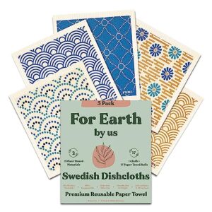 FEBU Swedish Dishcloths for Kitchen | 5 Pack Japanese Pattern Swedish Dish Towels | Reusable Paper Towels Washable | Non-Scratch Cellulose Sponge Cloths | No Odor, Biodegradable, Swedish Cloths