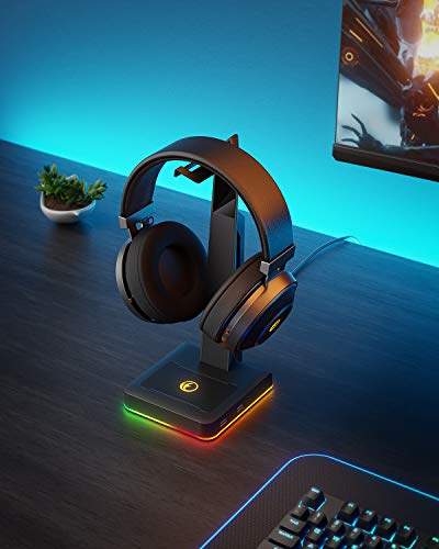 IFYOO RGB Gaming Headset Stand with 2 USB Ports, Game Headphone Mount for PC, Xbox One, PS4, Switch, Earphone Holder Hanger, Great for Gaming Stations, Fancy Desk Gamer Accessories, Black