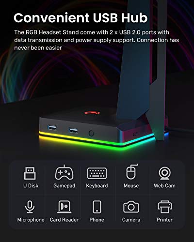 IFYOO RGB Gaming Headset Stand with 2 USB Ports, Game Headphone Mount for PC, Xbox One, PS4, Switch, Earphone Holder Hanger, Great for Gaming Stations, Fancy Desk Gamer Accessories, Black