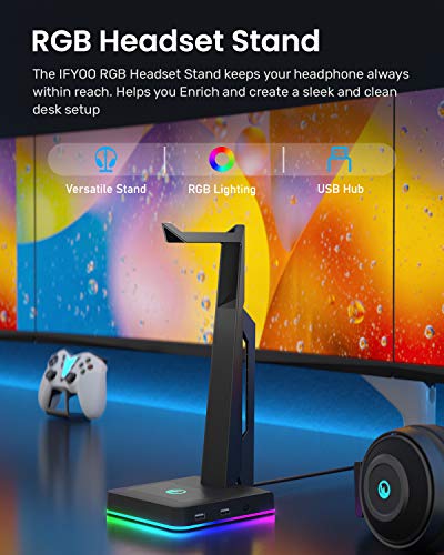 IFYOO RGB Gaming Headset Stand with 2 USB Ports, Game Headphone Mount for PC, Xbox One, PS4, Switch, Earphone Holder Hanger, Great for Gaming Stations, Fancy Desk Gamer Accessories, Black