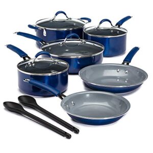 cooking light nonstick ceramic pots and pans set with silicone stay cool handles, dishwasher safe, 12-piece cookware set, blue