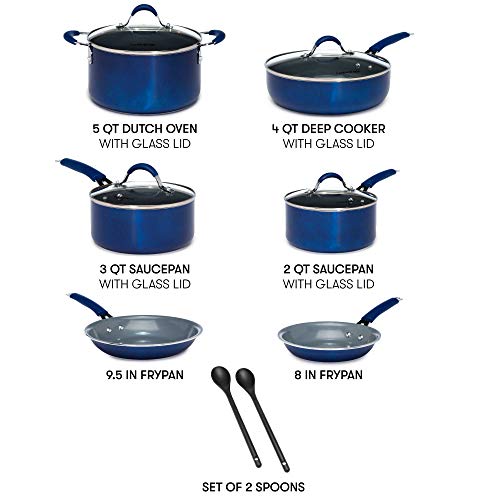 Cooking Light Nonstick Ceramic Pots and Pans Set with Silicone Stay Cool Handles, Dishwasher Safe, 12-Piece Cookware Set, Blue