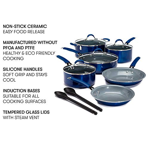 Cooking Light Nonstick Ceramic Pots and Pans Set with Silicone Stay Cool Handles, Dishwasher Safe, 12-Piece Cookware Set, Blue