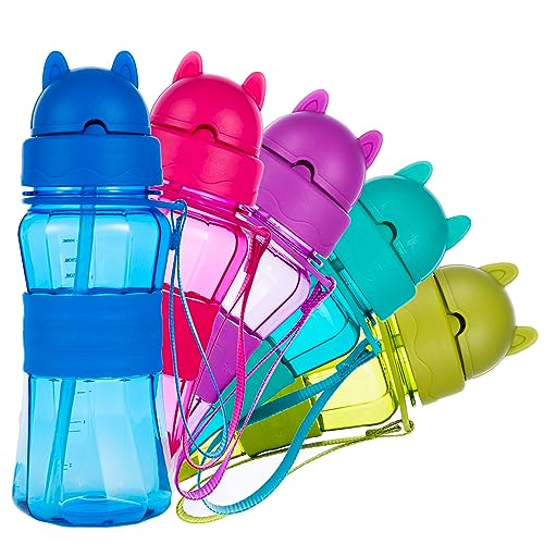 Water Bottle for Kids Toddlers with Straw Strap 12OZ Children Sized Leak Proof BPA Free Tritan Drinking Bottles for Boys Girls School Students, Cute Lightweight Sturdy Anti-skid Design (Purple)