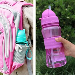 Water Bottle for Kids Toddlers with Straw Strap 12OZ Children Sized Leak Proof BPA Free Tritan Drinking Bottles for Boys Girls School Students, Cute Lightweight Sturdy Anti-skid Design (Purple)