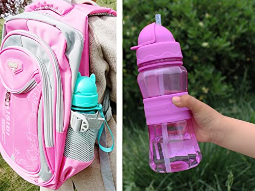 Water Bottle for Kids Toddlers with Straw Strap 12OZ Children Sized Leak Proof BPA Free Tritan Drinking Bottles for Boys Girls School Students, Cute Lightweight Sturdy Anti-skid Design (Purple)