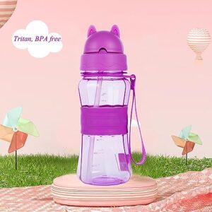 Water Bottle for Kids Toddlers with Straw Strap 12OZ Children Sized Leak Proof BPA Free Tritan Drinking Bottles for Boys Girls School Students, Cute Lightweight Sturdy Anti-skid Design (Purple)