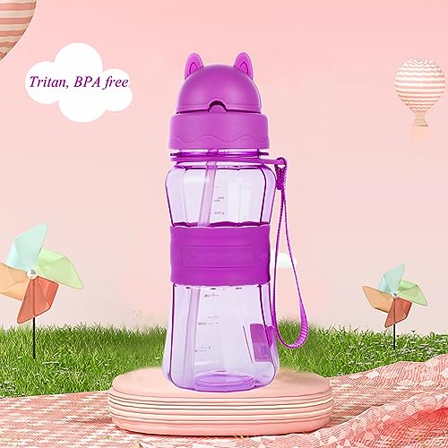 Water Bottle for Kids Toddlers with Straw Strap 12OZ Children Sized Leak Proof BPA Free Tritan Drinking Bottles for Boys Girls School Students, Cute Lightweight Sturdy Anti-skid Design (Purple)