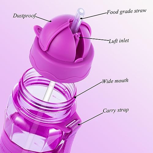 Water Bottle for Kids Toddlers with Straw Strap 12OZ Children Sized Leak Proof BPA Free Tritan Drinking Bottles for Boys Girls School Students, Cute Lightweight Sturdy Anti-skid Design (Purple)